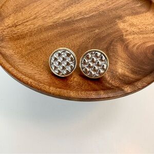 4/$15 Mixed Metal Gold Round Frame Silver Quilted Rhinestones Buttons Earrings